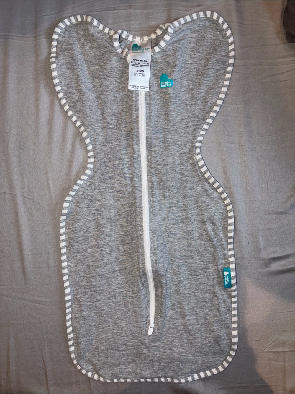Love to Dream Grey Swaddle Sack with White Zip and Stripe Trim